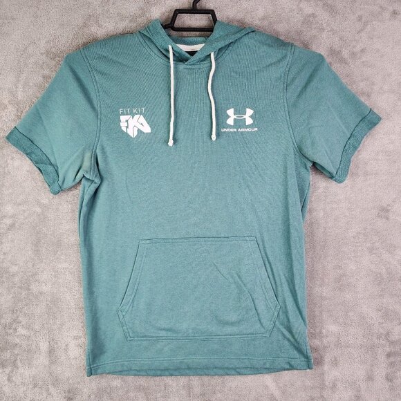 Mens Green Under Armour Short Sleeve Hoodie Shirt Modern Fit Gym Training Size M - Picture 2 of 12